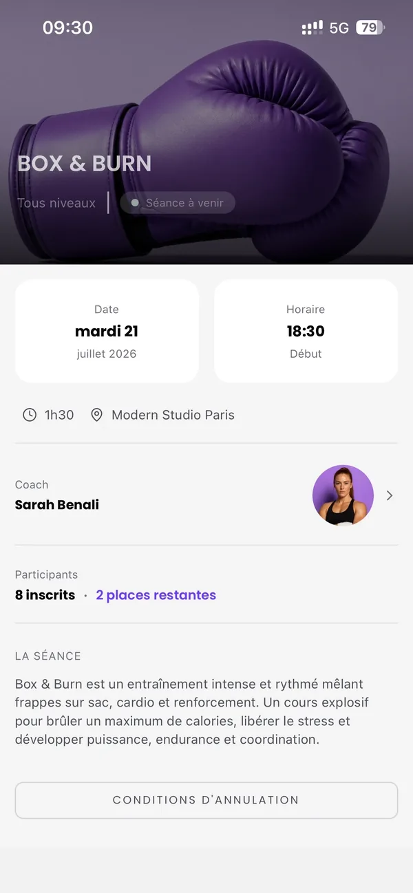 App client Jayne, détail d'une séance à réserver
