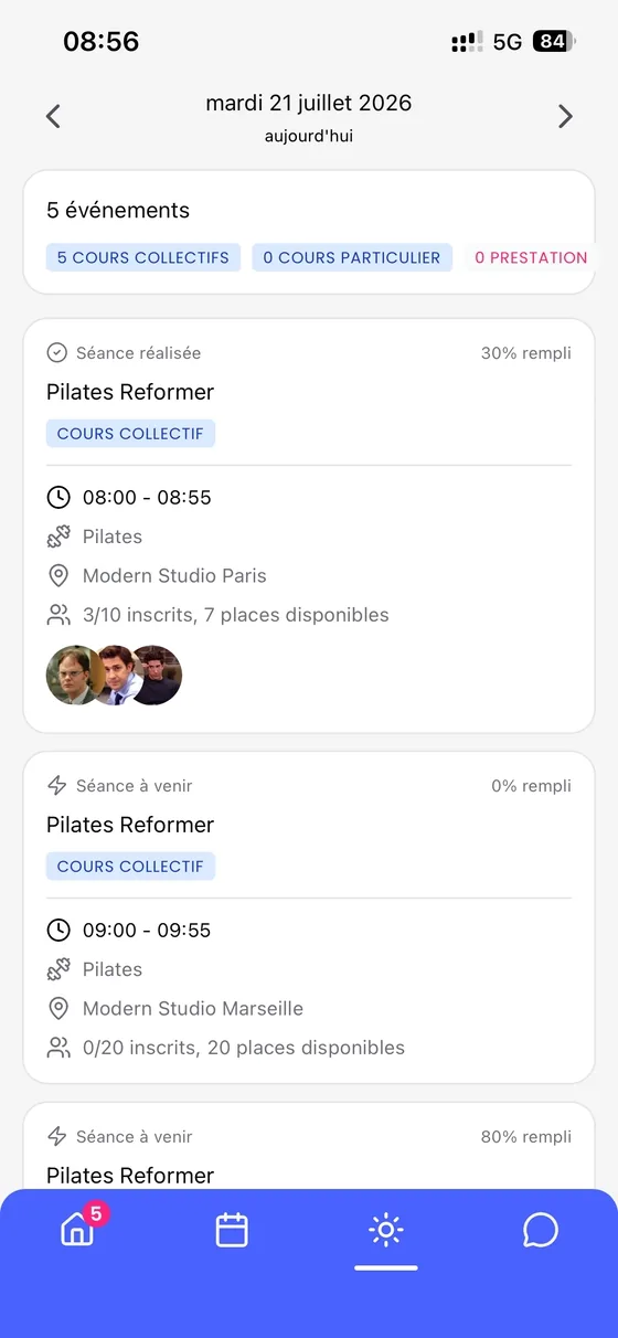 App coach Jayne, agenda des séances du jour