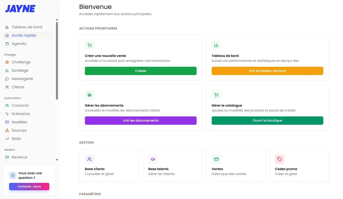 Back-office Jayne, accès rapide aux actions principales